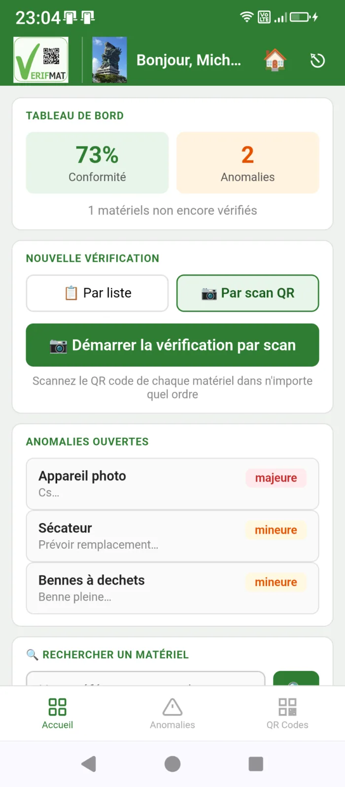 Tableau de bord Verifmat sur ordinateur
