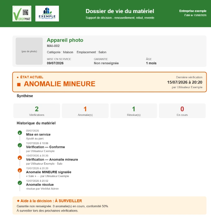 Dossier de vie d'un matériel généré par Verifmat