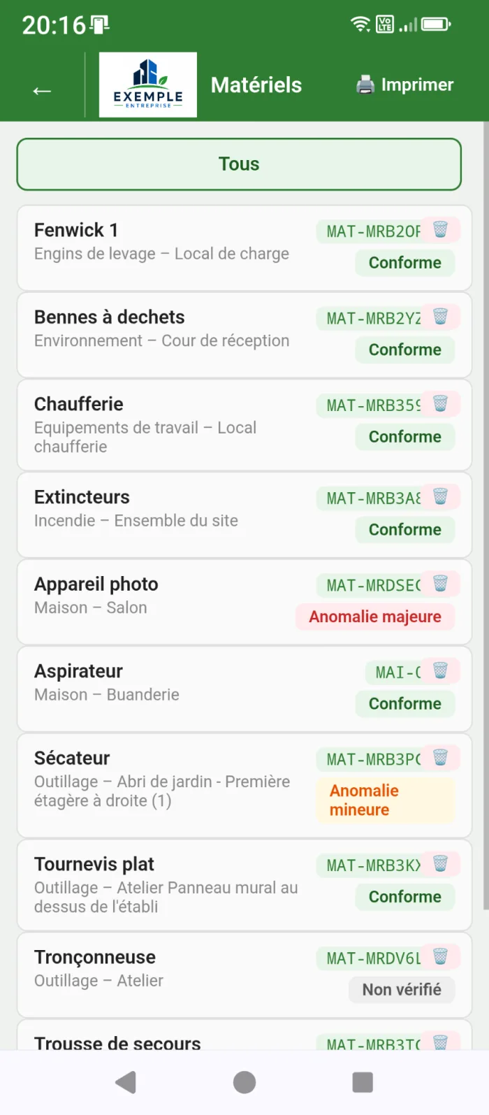 Inventaire des matériels Verifmat sur tablette