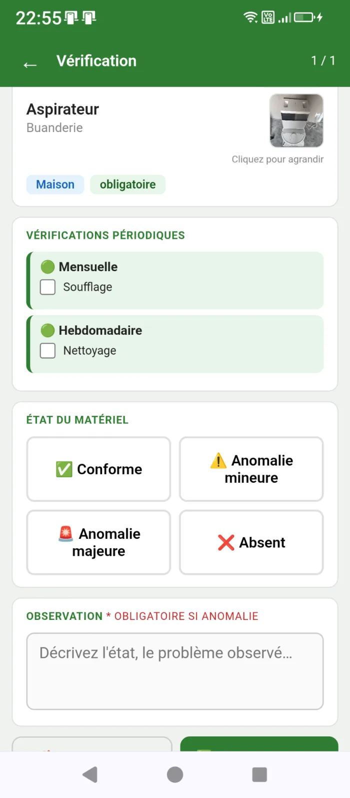 Vérification d'un matériel Verifmat sur smartphone